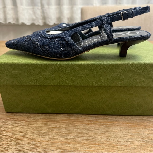 Gucci GG Embellished Denim Slingback Kitten Heel Pumps 36.5 - Picture 2 of 7